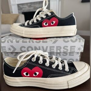 Black Canvas Low-Top Sneaker with Red Heart Graphic